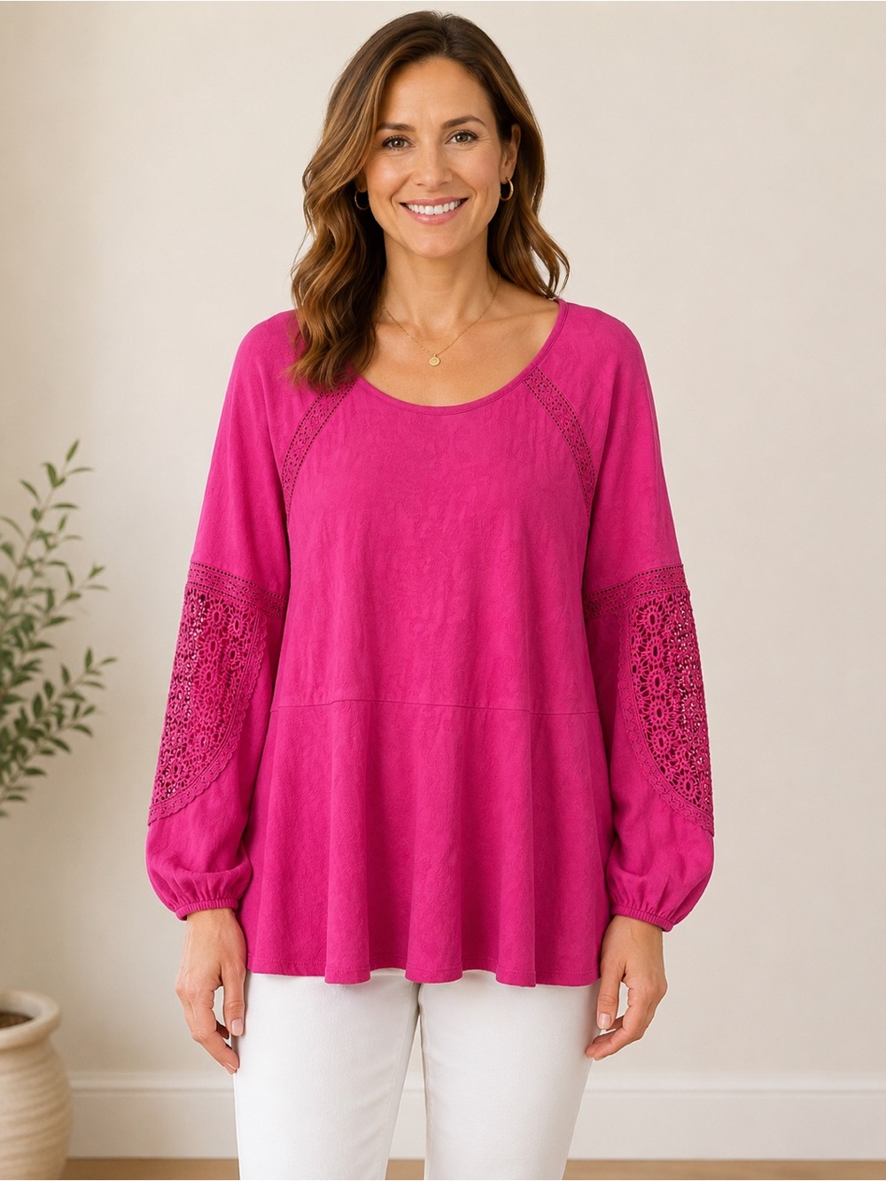 Soft Surroundings Pink Crochet Sleeve 100% Cotton Tunic Top XL Boho